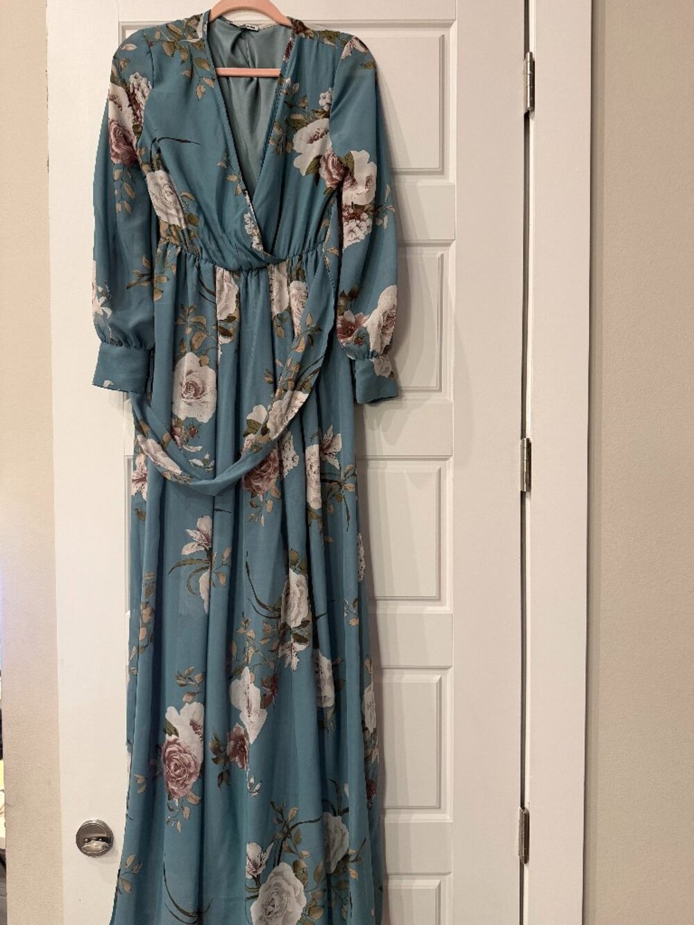 Fashion Nova M Dusty Teal Floral Long Sleeve Maxi Dress (Medium)